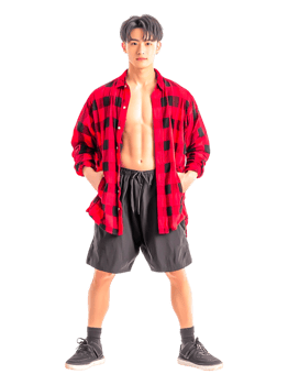 Confident young man in checkered shirt standing in athletic pose png
