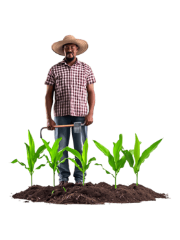 Smiling Farmer in Traditional Hat Standing Among Growing Corn Plants png