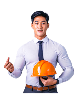 Confident Male Construction Worker Holding Hard Hat and Gesturing png