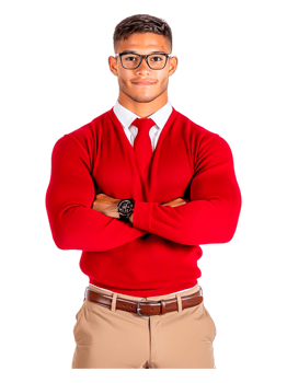 Confident young man in red sweater with arms crossed and glasses png