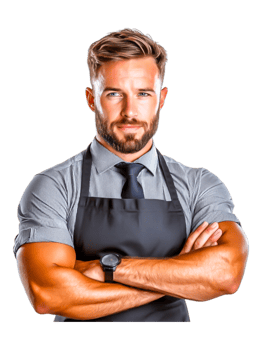 Confident Male Chef with Apron and Formal Shirt Standing Proudly png