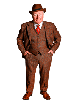 Stylish elderly man in brown suit with hat and colorful tie png