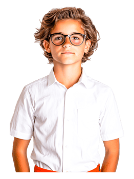 Young Boy with Glasses Wearing White Shirt and Orange Pants png