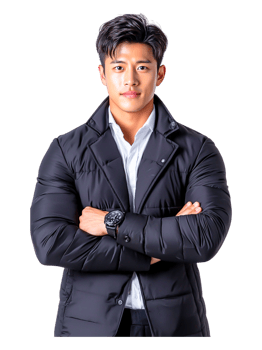Confident Young Man in Stylish Black Puffer Jacket with Arms Crossed png