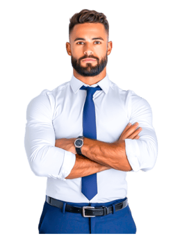 Confident businessman with crossed arms in formal attire against white png