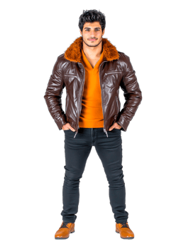Young Man in Stylish Brown Leather Jacket with Orange Sweater png