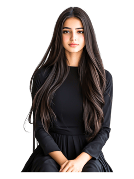 Elegant Young Woman with Long Black Hair in Simple Black Outfit png