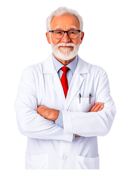 Confident Senior Doctor in White Coat with Glasses and Red Tie png