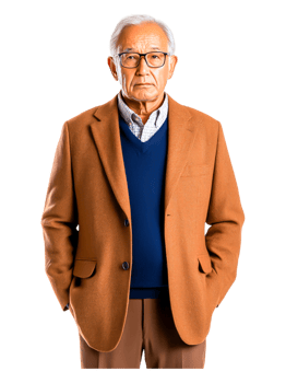 Elderly man in brown coat and glasses with serious expression png