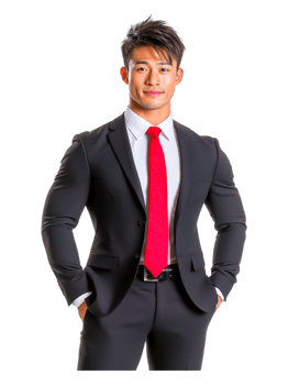 Confident Young Man in Business Suit with Red Tie Smiling Portrait png