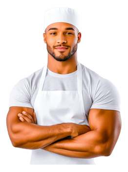 Confident Male Chef with Muscular Build Posing in Kitchen Attire png