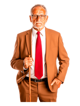 Elderly man in formal attire with cane and glasses portrait png