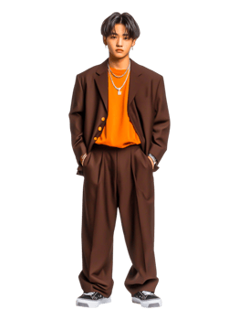 Young Man in Stylish Brown Suit with Orange Shirt and Sneakers png