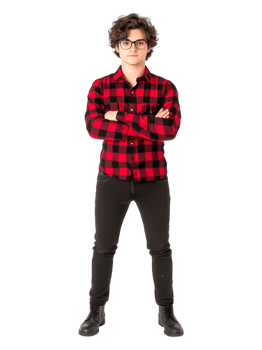 Confident Young Man in Red and Black Checkered Shirt with Glasses png