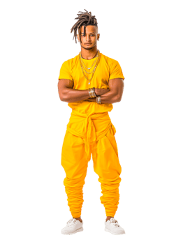 Stylish Young Male Model Posing Confidently in Bright Yellow Outfit png