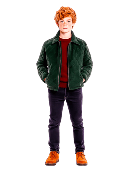 Young Boy with Curly Red Hair in Green Jacket and Brown Shoes png