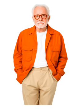 Elderly man in orange jacket with glasses posing confidently png
