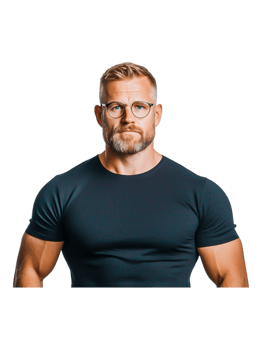 Confident man with glasses and muscular physique in studio setting png