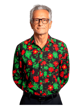 Mature man in vibrant floral shirt posing confidently png