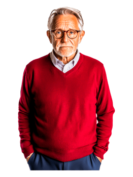Elderly Man in Red Sweater with Glasses and Thoughtful Expression png
