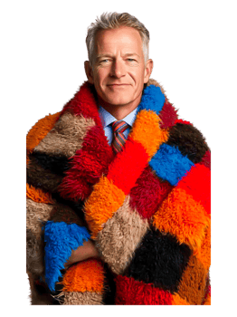 Professional man smiling warmly in colorful fur blanket wrap png