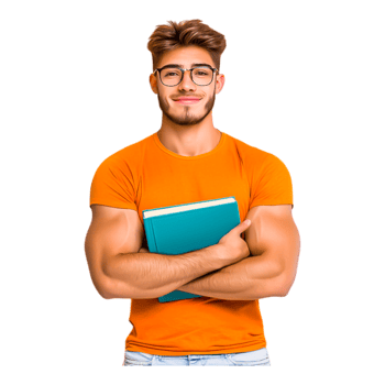 Young Man in Glasses Smiling with Books in Orange Shirt png