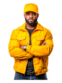 Young man in bright yellow jacket and cap posing confidently png