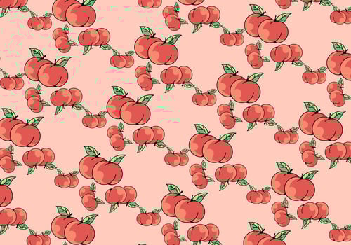 A pattern of red peaches with green leaves on a light pink background. vector