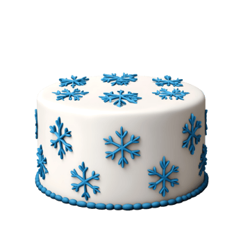 A decorative white cake adorned with blue snowflake designs, perfect for winter celebrations or themed parties. png