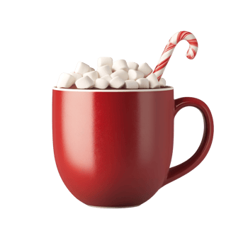 A cozy red mug filled with marshmallows and topped with a candy cane, perfect for enjoying hot cocoa during the winter season. png