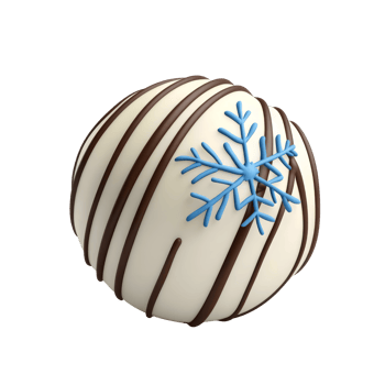 A decorative white chocolate sphere with dark stripes and a blue snowflake design, perfect for winter-themed treats. png