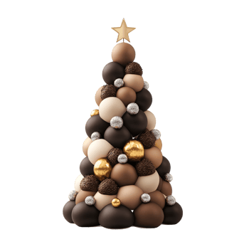 A decorative Christmas tree made of various sized chocolate spheres, featuring a star on top and adorned with shiny ornaments. png