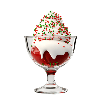 A delicious dessert featuring red jelly topped with white cream and colorful sprinkles in a clear glass dish. png