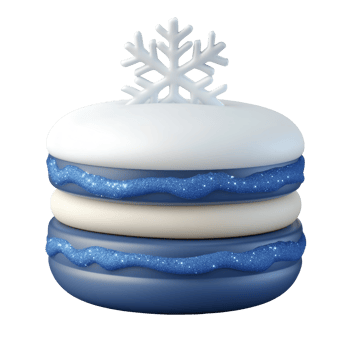 A snowy-themed macaron with blue hues, topped with a decorative snowflake, perfect for winter celebrations. png