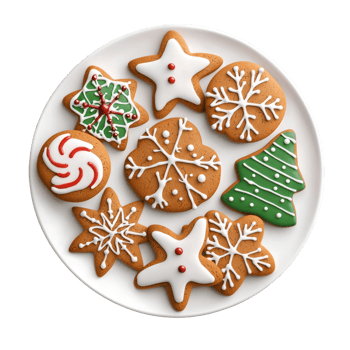 A round plate filled with decorated gingerbread cookies in festive shapes, including stars, trees, and snowflakes, showcasing vibrant icing designs. png