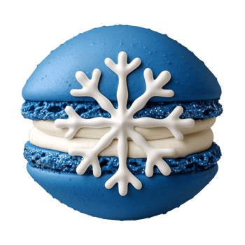 A blue macaron decorated with a snowflake design on top, evoking a winter theme and a festive aesthetic. png