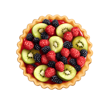 A colorful fruit tart topped with kiwi, raspberries, and blackberries in a crisp pastry shell, presented against a black background. png