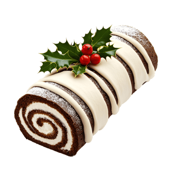 A festive chocolate yule log cake decorated with holly and festive berries, showcasing swirls of cream and dusted with powdered sugar. png