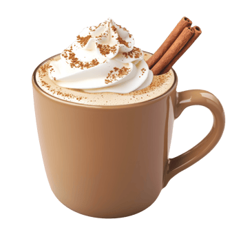 A creamy cup of coffee topped with whipped cream and cinnamon sticks, perfect for cozy moments. png