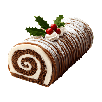 A festive chocolate yule log cake, dusted with powdered sugar, topped with whipped cream and holly, perfect for celebrating the holiday season. png