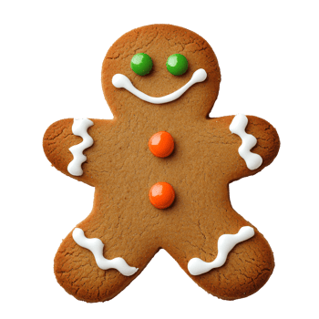 A cheerful gingerbread cookie featuring green and orange candies, with a smiling face and icing decorations on a dark background. png