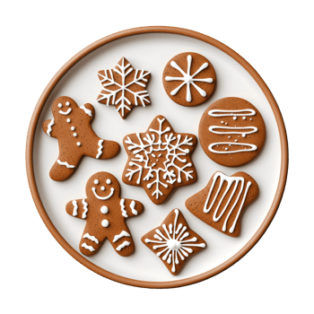 A plate of festive gingerbread cookies in various shapes, decorated with white icing, ideal for celebrating holidays and seasonal festivities. png