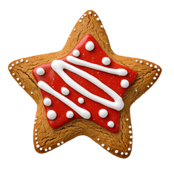 A star-shaped gingerbread cookie decorated with red icing and white drizzle, creating a festive and appealing design. png