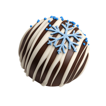 A festive chocolate truffle topped with white chocolate drizzle, blue sprinkles, and a snowflake, perfect for winter celebrations. png