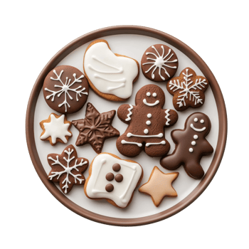 A festive assortment of decorated cookies, including gingerbread figures, snowflakes, and various sweet shapes, arranged on a round plate. png