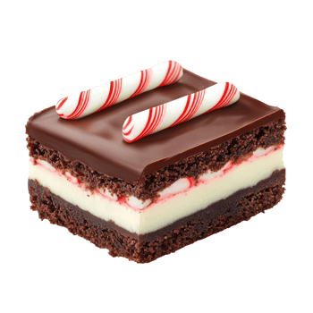 A delightful layered dessert featuring chocolate, cream, and peppermint, garnished with striped candy canes, perfect for festive occasions. png
