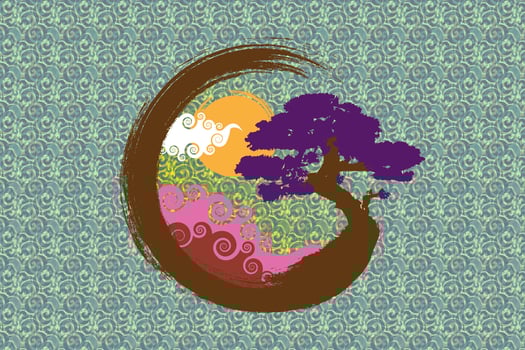 Japanese landscape on Enso Zen Circle, Bonsai Tree and big red sun, hand-drawn with colorful ink in traditional oriental style sumi-e, logo design in Paint Brush art design, vintage background vector