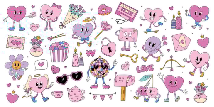 Valentine's day retro cartoon doodles collection for prints, stickers, clipart, planners, cards, posters, scrapbooking, stationery, etc. EPS 10 vector
