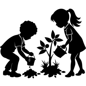 Two children are depicted in black silhouettes, tending to a young plant with small watering cans cutouts png