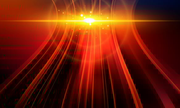 Soft light golden rays rising on dark background. Red stripes line. vector